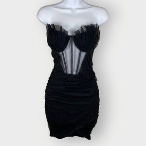 Kaylee Tube Dress | S | Black | Mesh Corset Ruched | Vamp Goth Dark Wedding